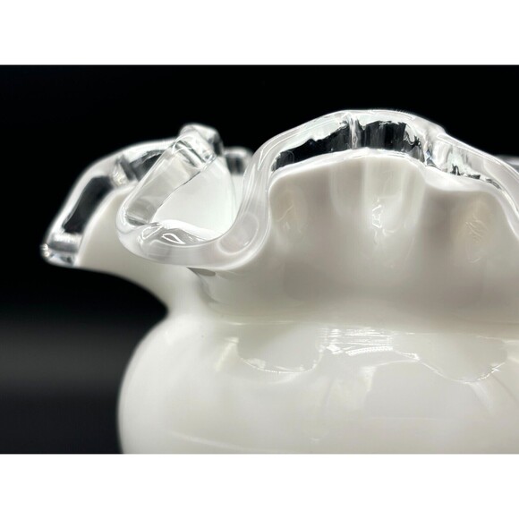 Fenton‎ Opaque White Milk Glass Bowl Vase Small Ruffled Silver Crest Clear Edged - Picture 10 of 16